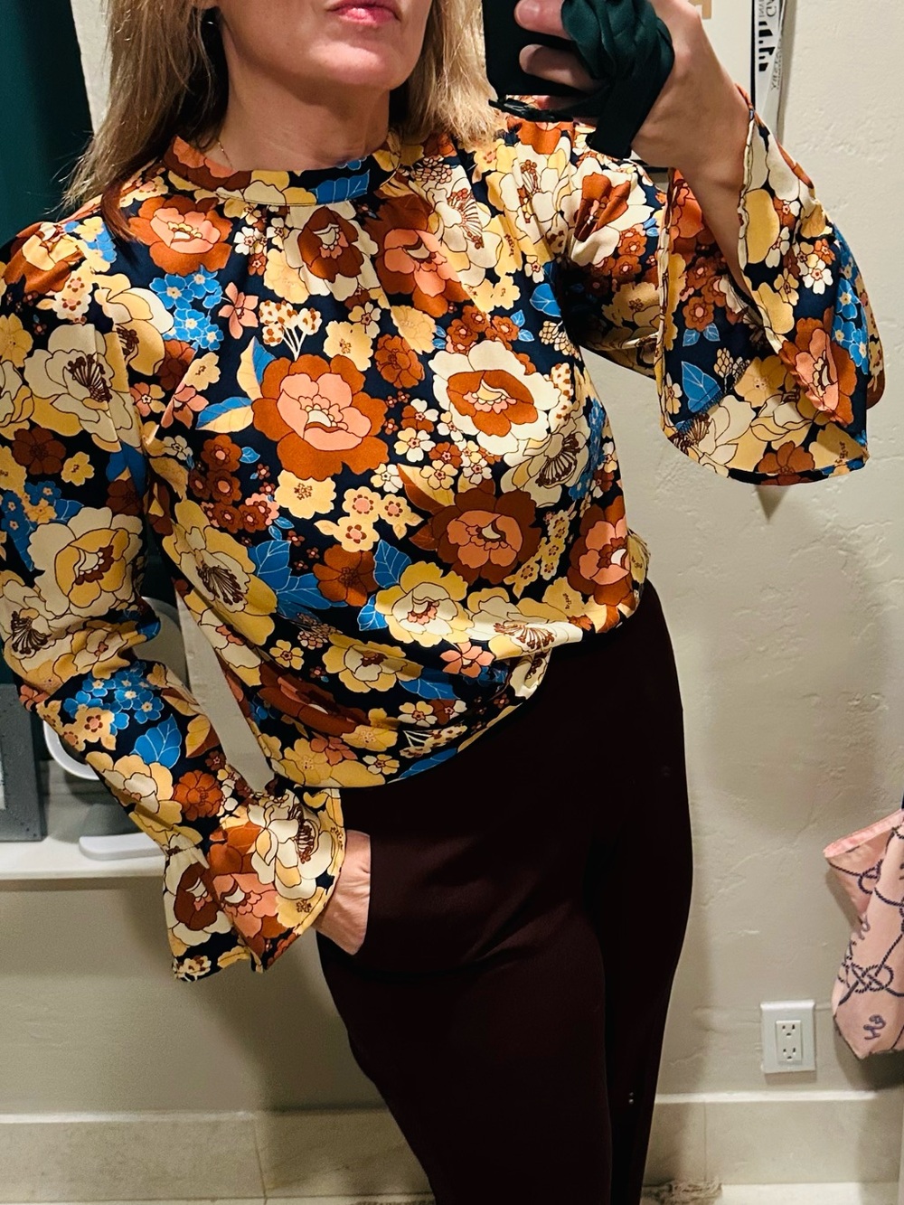 EUC Sugarlips Fall Floral Print Long Bell Sleeve Top Size Large